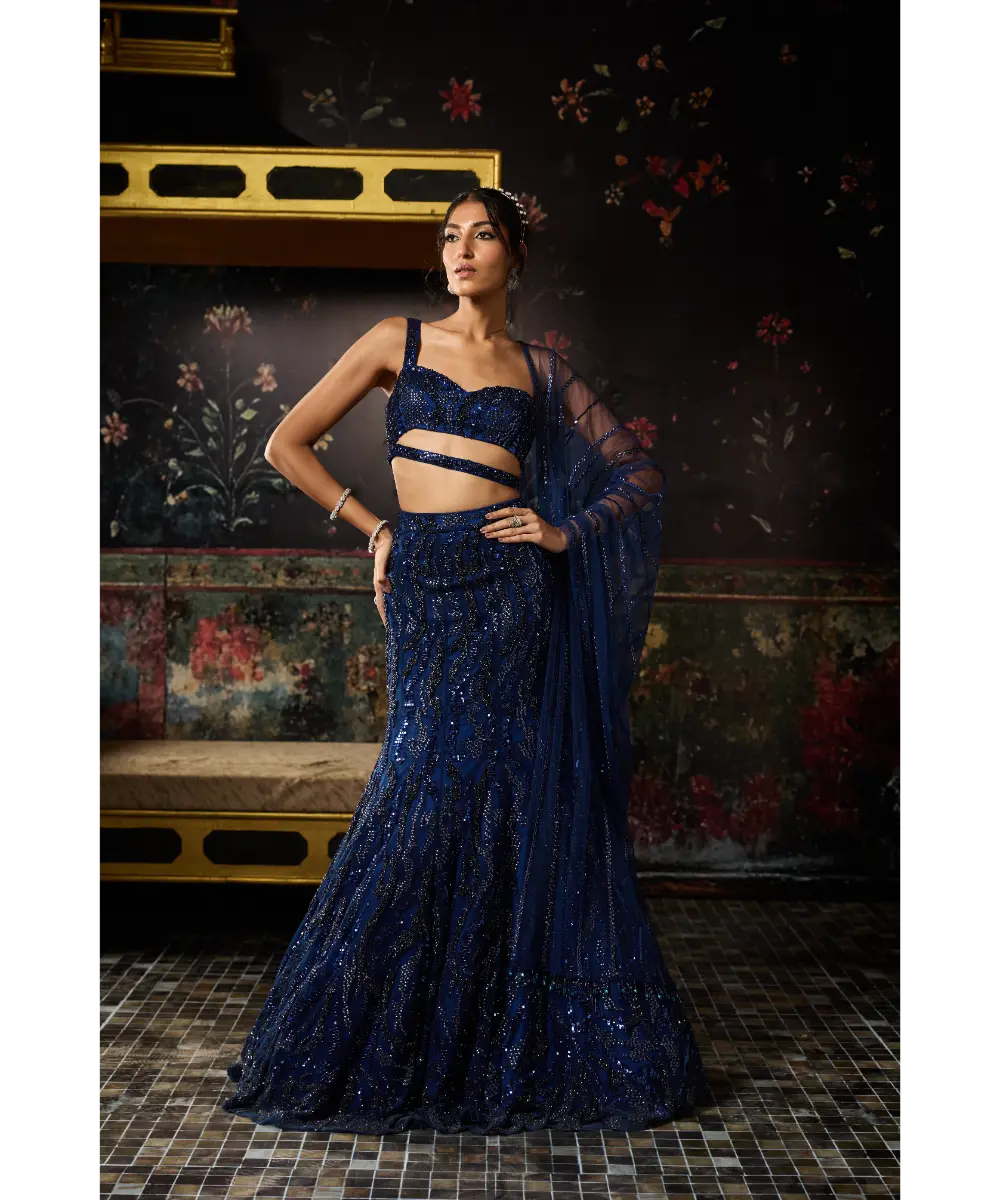 DIYARAJVVIR - DARK BLUE EMBELLISHED MERMAID SKIRT SET